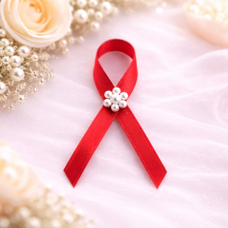 Svadobné výväzky a stuhy - Červený svadobný výväzok s perličkovou kytičkou