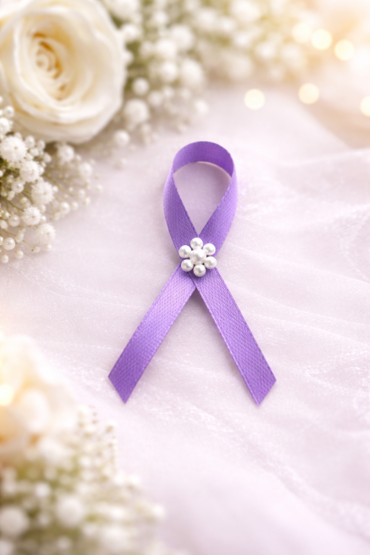 Svadobné výväzky a stuhy - Fialový svadobný výväzok s perličkovou kytičkou