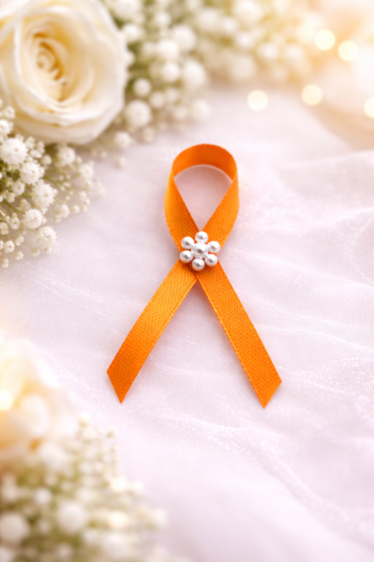 Svadobné výväzky a stuhy - Oranžový svadobný výväzok s perličkovou kytičkou