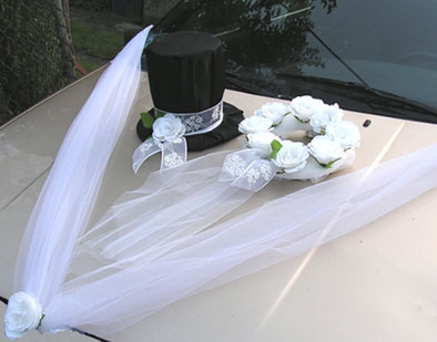 Svadobné dekorácie na auto - Sada cylindra a venčeka